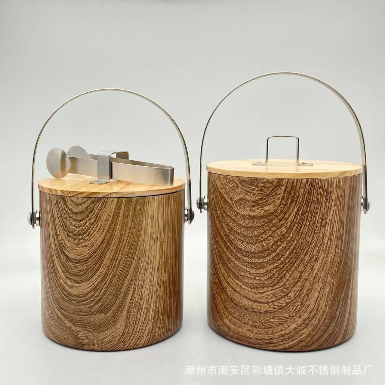 Wood-grain finish double-wall stainless steel ice bucket